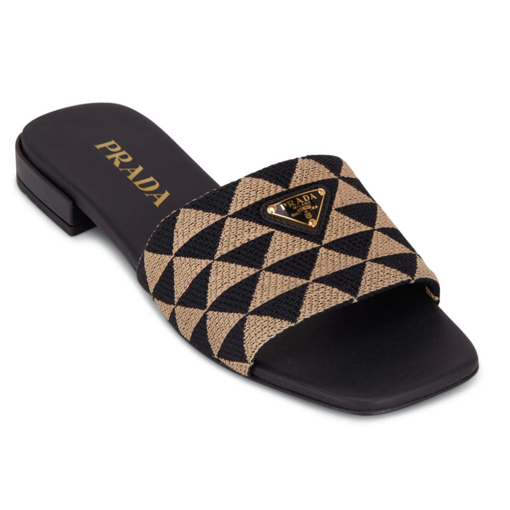 Prada Jacquard Triangle Logo Black Beige Tan Leather Slide Sandal Flat Mule 37.5